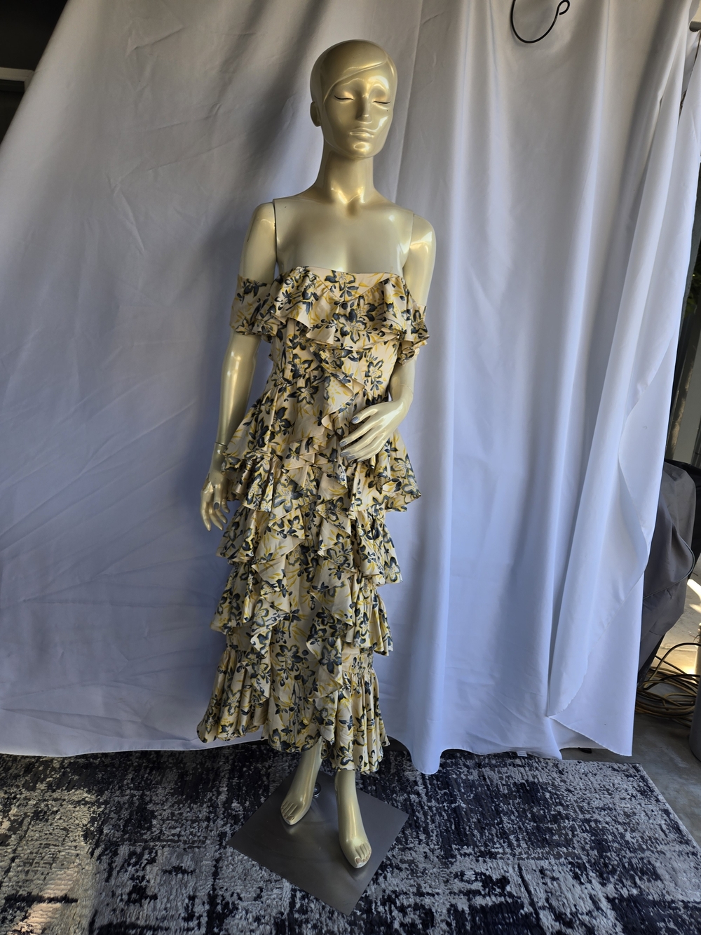 cinq a sept Yellow Floral Off-Shoulder Ruffle Tiered Maxi Dress